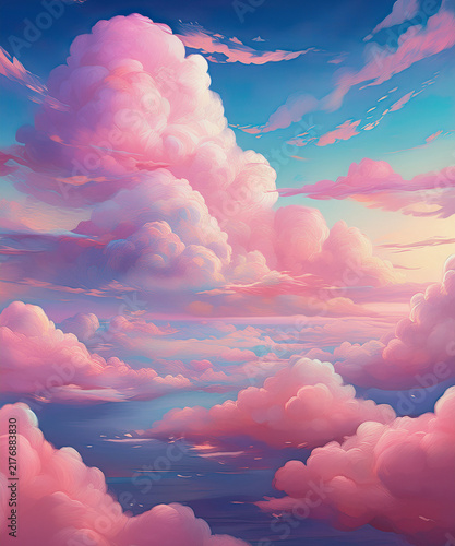 Fantasy sky with sugar cotton pink pastel clouds in a dreamy background