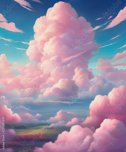 Fantasy sky with sugar cotton pink pastel clouds in a dreamy background
