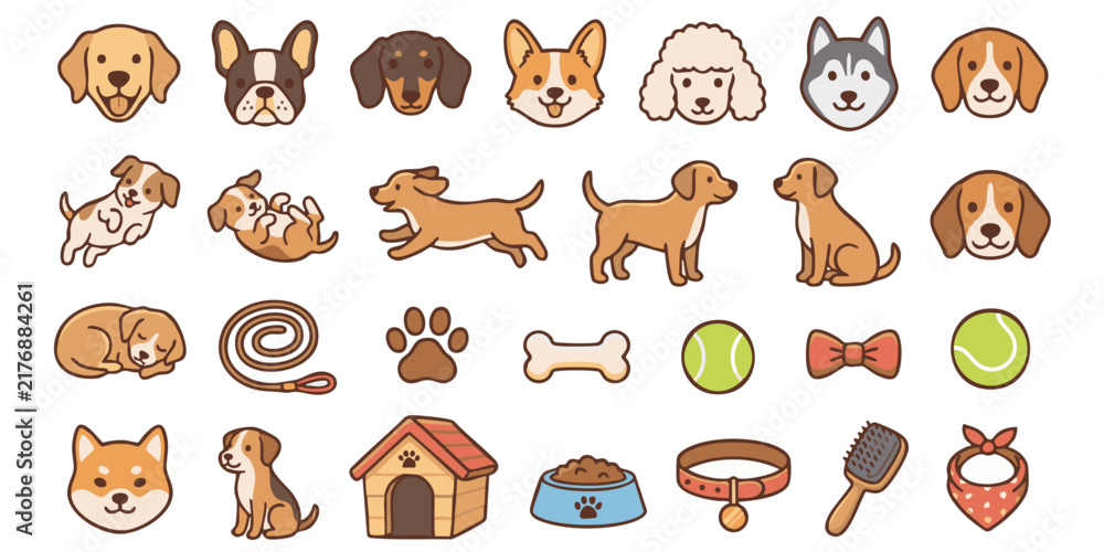 Fototapeta premium Cute cartoon dog breeds vector icons set featuring various puppies, dog house, bones, toys, and pet care accessories in flat design