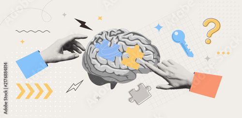 Trendy Halftone Collage Hands Placing Puzzle Pieces on Brain for Collaborative Problem Solving Knowledge Building Retro Vector Illustration