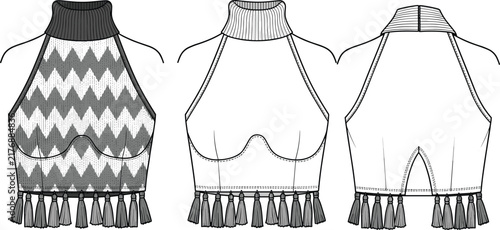Foto Fashion technical flat sketch of a chevron knit halter neck crop top with ribbed turtleneck collar, underwire bust detail, and decorative fringe tassel hemline