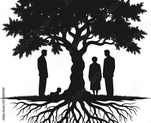 фотографія Family tree concept silhouette with parents and child under large tree showing r