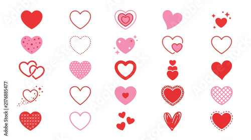 Colorful set of heart icons in pink shades