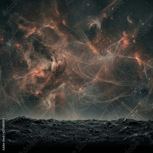 dramatic black earth emerging from a dark atmospheric landscape, abstract outer space above with swirling mist. Generative AI
