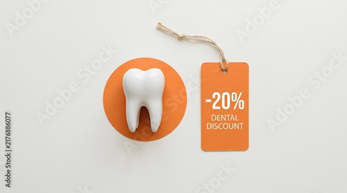 Dental Discount Tag with Tooth Model on White Background, Affordable Dentistry Promotion Concept