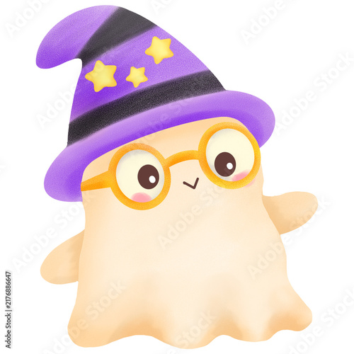 Cute Ghost Wizard Wearing Glasses and Purple Witch Hat Illustration