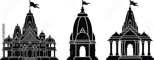 Hindu Temple Silhouettes Set Indian Mandir Shikhara Flag Ancient Architecture Religious Building Landmark Clipart Vector Illustration