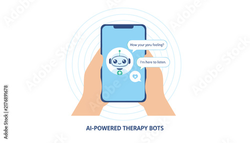 Hand holding smartphone displaying an AI-powered therapy bot chat application designed to support mental health and psychological wellness.
