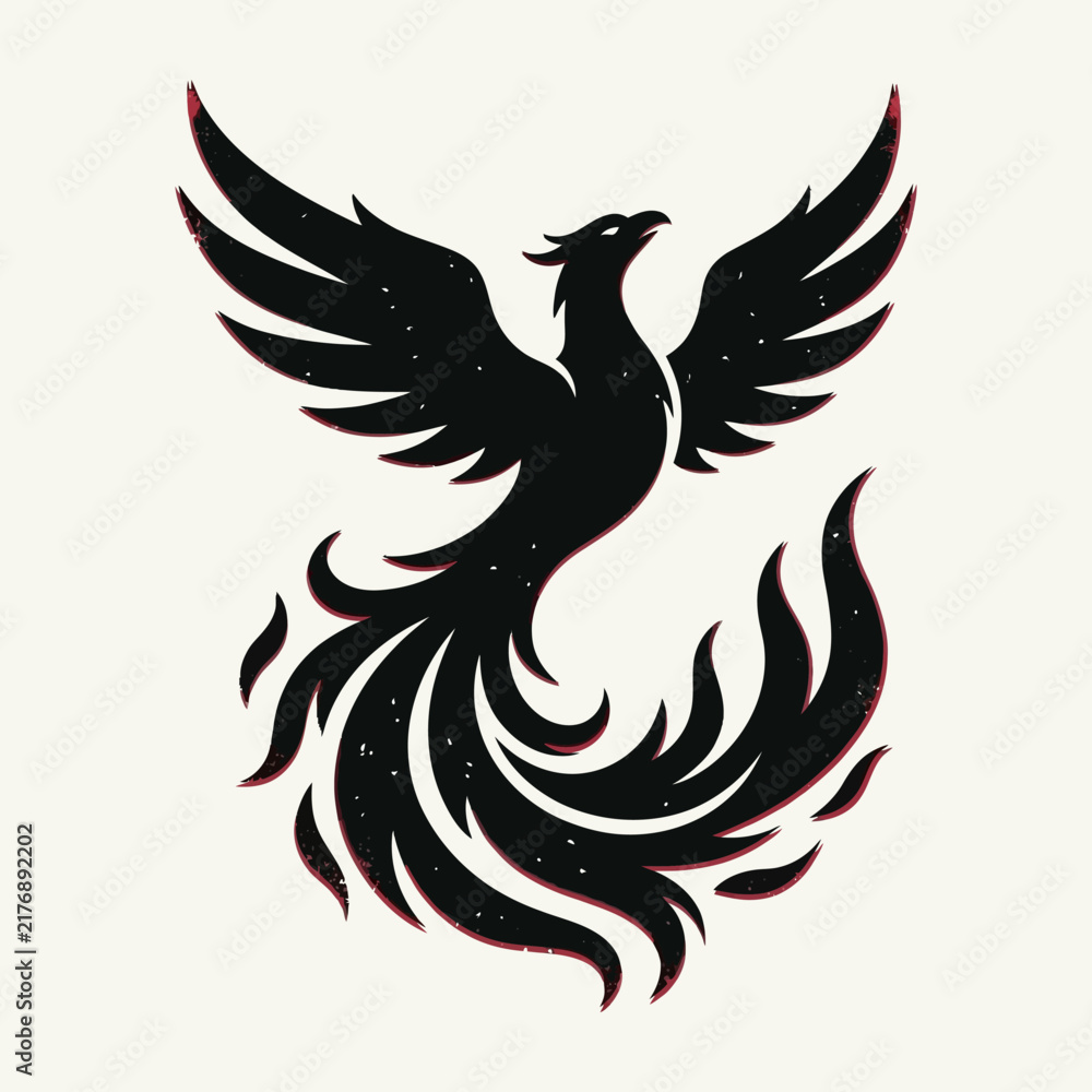 Fototapeta premium Black silhouette phoenix rising with wings spread.