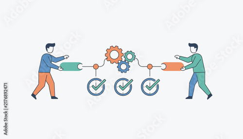 Two engineers collaborating to align workflow processes and integrate operational gear systems for efficient business management.