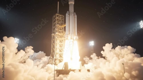 Rocket Launching into Night Sky with Bright Engines at Launch Pad