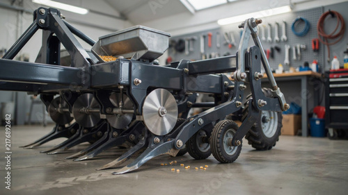 Detailed view of a multi-row agricultural planter featuring sharp tines, seed distribution mechanisms, and wheels, positioned within a workshop setting with tools and equipment in the background