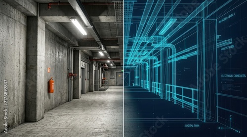 Digital Twin and BIM Model of Industrial Corridor with 3D Wireframe Overlay for Building Information Modeling Visualization