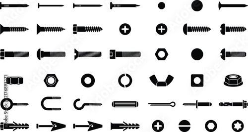 Screws bolts nuts and nails hardware silhouettes vector set isolated on a white background.
