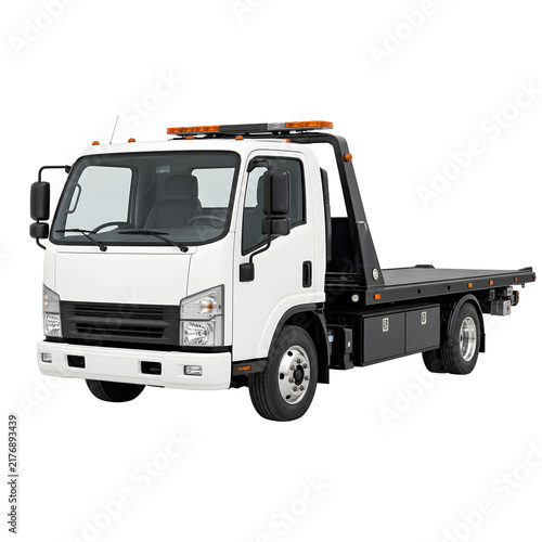 A modern white flatbed tow truck for vehicle recovery and roadside assistance services on isolated background