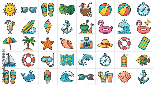 Set of colorful vector icons for summer vacation, beach travel, and tropical holidays