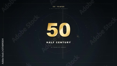 elegant golden 50 years half century anniversary motion graphics animation on a dark textured background with subtle glowing particles and HUD elements. Perfect for corporate milestones 