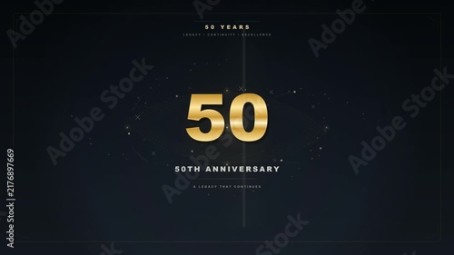 elegant motion graphics video featuring a large golden 50th anniversary logo with the years 1976 and 2026, set against a dark background with subtle glowing particles and lines.