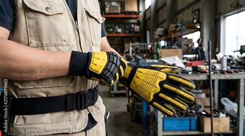 Worker wearing protective yellow cut resistant gloves in workshop