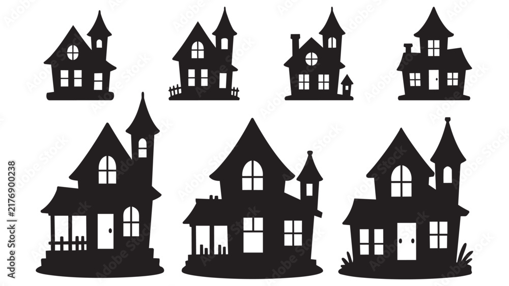 Naklejka premium Black and white silhouette haunted houses illustration set
