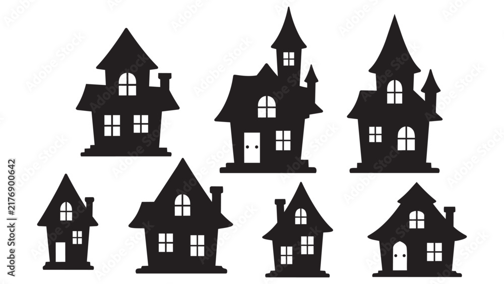 Fototapeta premium Black and white silhouette haunted house illustrations