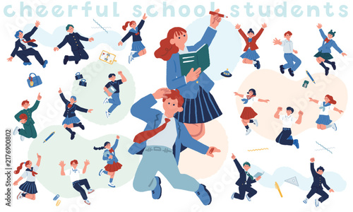 ダンスするように飛び跳ねる学生19人の制服イラストセット