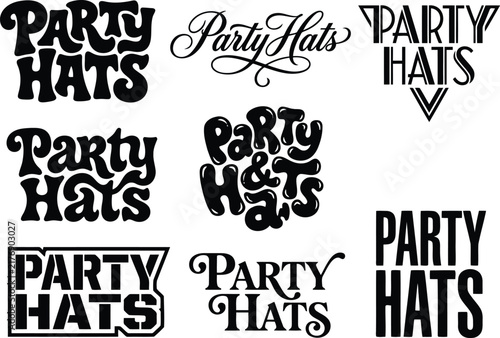 Decorative party hats typography collection featuring diverse artistic black vector styles