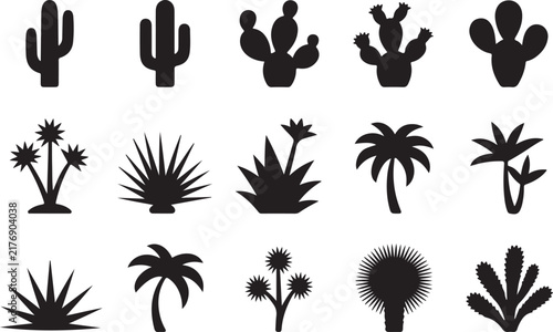 Black silhouettes of cacti agave and palm trees on a white background