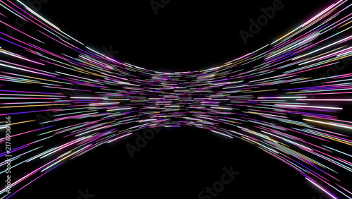 Картината върху платно Abstract glowing neon light trails speeding through a curved tunnel on a black background, representing hyperspace travel, fiber optic data flow, and futuristic cyberspace