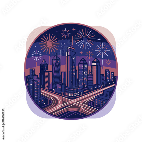 Circular cityscape illustration with fireworks and light trails.
