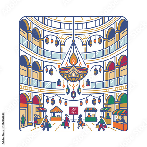 Festive shopping mall with Diwali decorations.