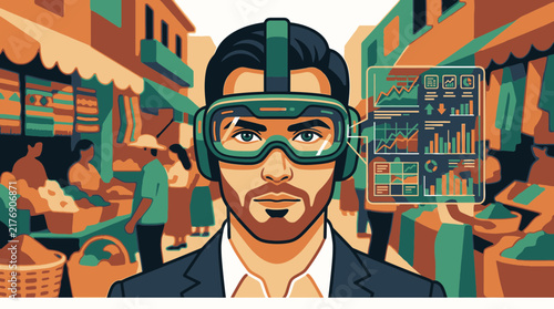 Man using augmented reality glasses in busy local market.