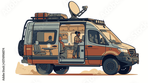 Modern off-road camper van parked in desert landscape.