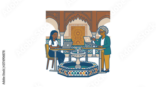 Women working in ornate Middle Eastern courtyard.