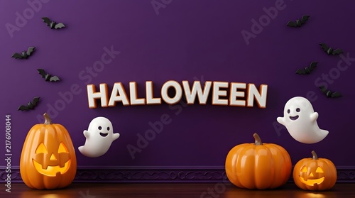 Festive halloween background with carved pumpkins and cute ghost decorations on a dark purple wall surface