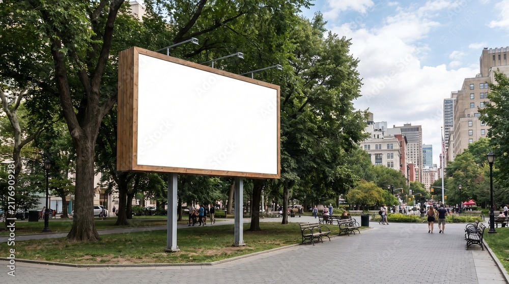 Fototapeta premium Blank Billboard in City Park Surrounded by Trees and Buildings.
