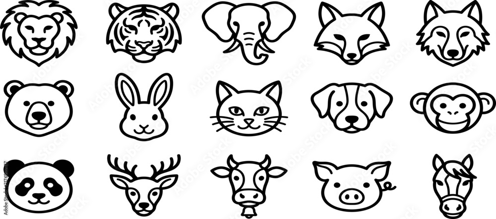 Fototapeta premium Collection of various wild and domestic animal head icons in a simple black and white line art style