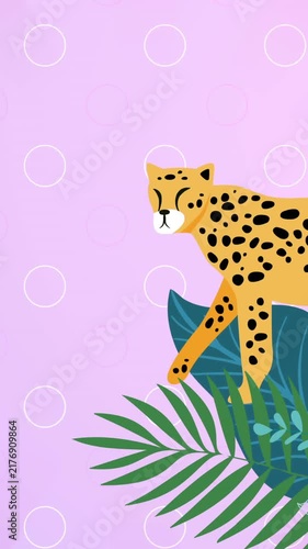 Animation of leopard and tropical plant leaves on pink striped background