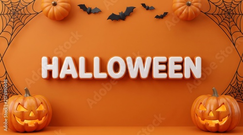 Festive halloween background with 3d text pumpkins and flying bats on a vibrant orange studio backdrop