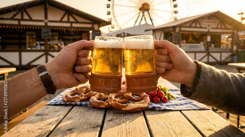 Frothy beer steins held high in a celebratory toast during an outdoor golden hour festival featuring crisp golden lager in traditional glass mugs captured with sharp focus and warm lighting.
