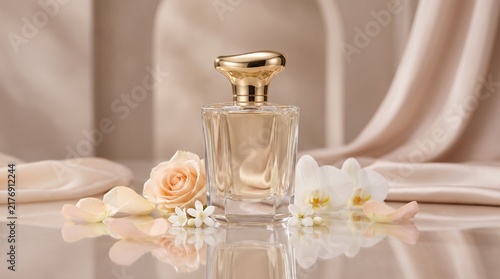 Elegant perfume bottle with delicate flowers and silk fabric.