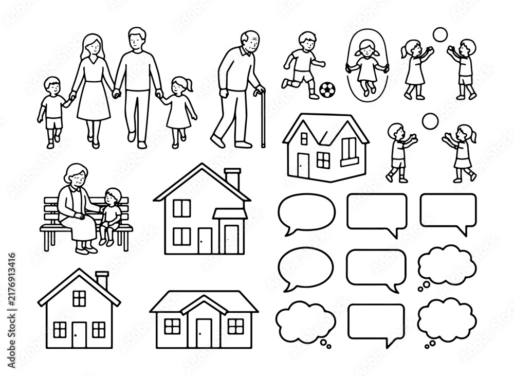 Fototapeta premium Family and House Line Art Icon Set for Lifestyle Design Illustrations