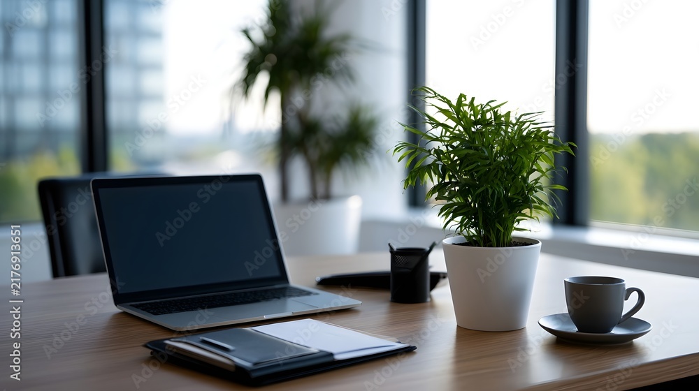 Fototapeta premium Modern office desk with laptop potted plant coffee cup and notebook near large with city view