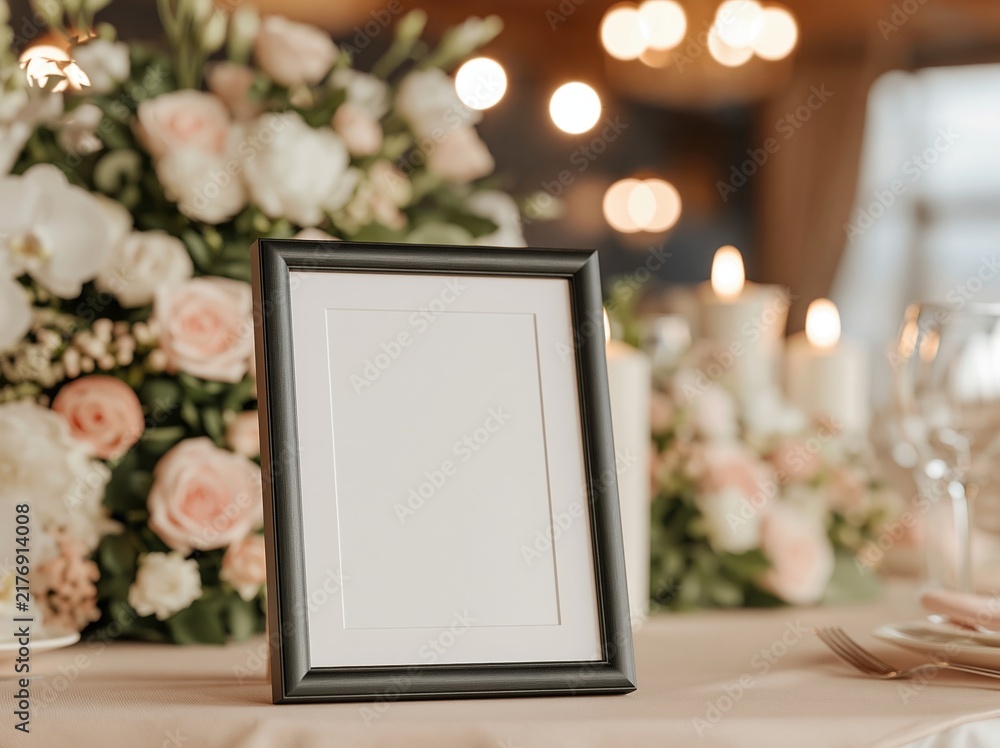 Obraz premium Black picture frame on elegant table with flowers