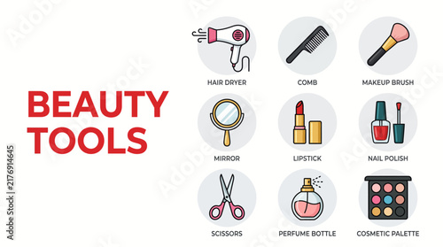Collection of various beauty and makeup tools icons set for salon or cosmetic branding.