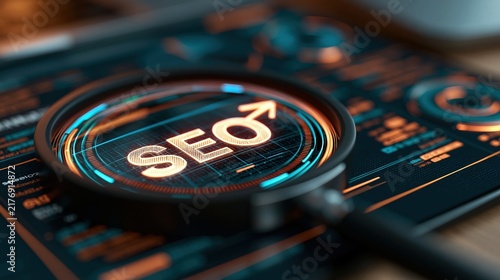 Magnifying glass examines glowing SEO letters on digital