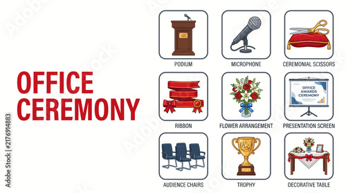 Set of icons representing office ceremony equipment and event decorations for business celebrations.