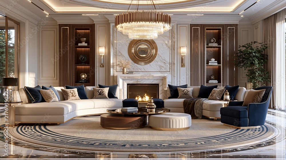 Obraz premium Luxurious living room with fireplace and modern decor