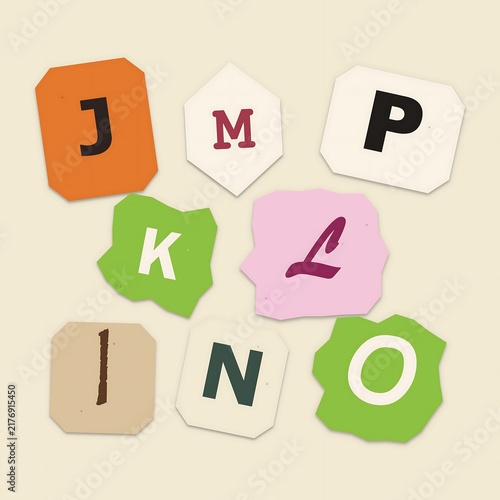 Принти на полотні Colorful alphabet letters j m a n and p in pixel art style