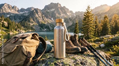 Hiking gear and water bottle on a rock with a mountain lake and peaks background.